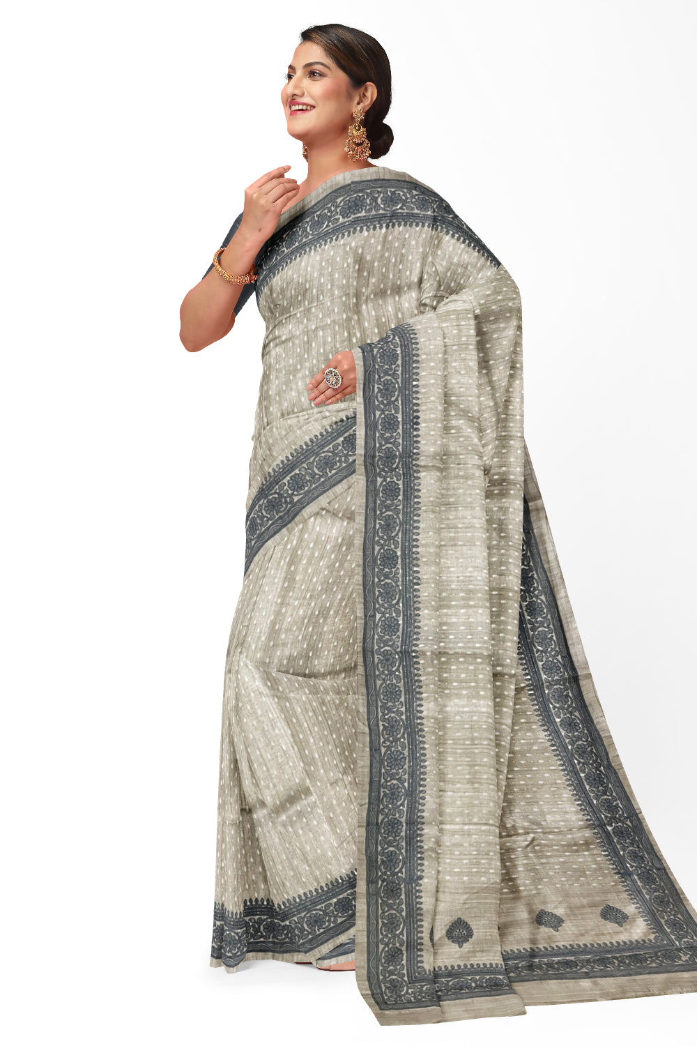 Southloom Tussar Light Brown Designer Saree with Grey Thread Work Border