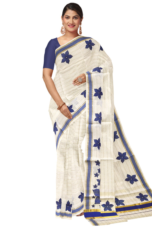 Pure Cotton Kerala Saree with Kasavu Checks and Floral Block Prints on Blue Border