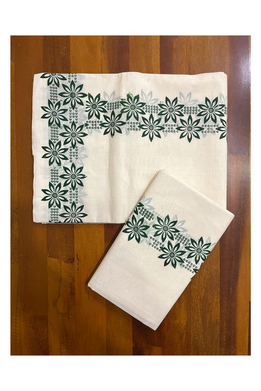 Kerala Pure Cotton Set Mundu Single (Mundum Neriyathum) with Green Floral Block Printed Border