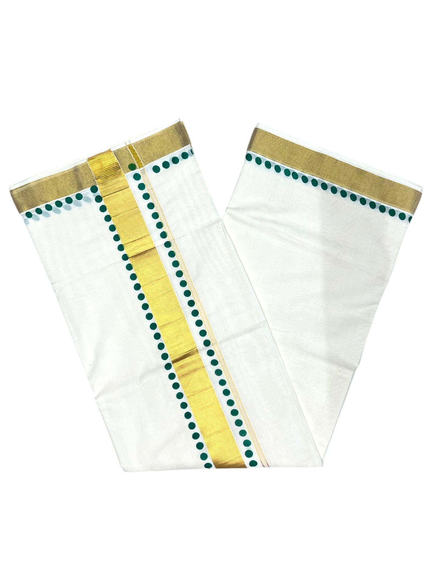 Southloom Cotton Kerala Kasavu Saree with Green Polk Dots Design Border