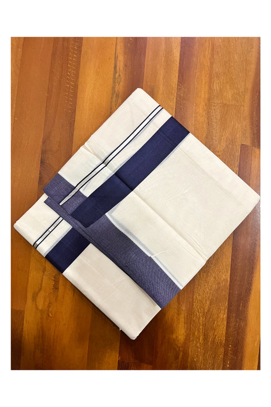 Pure Cotton Double Mundu with Silver Kasavu and Navy Blue Border (South Indian Kerala Dhoti)