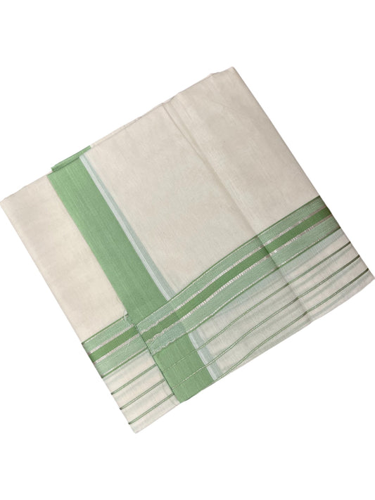 Southloom Kerala Pure Cotton Double Mundu with Green And Silver Lines Border (South Indian Dhoti)