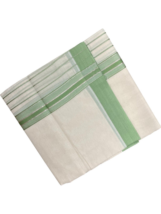 Southloom Kerala Pure Cotton Double Mundu with Green And Silver Lines Border (South Indian Dhoti)
