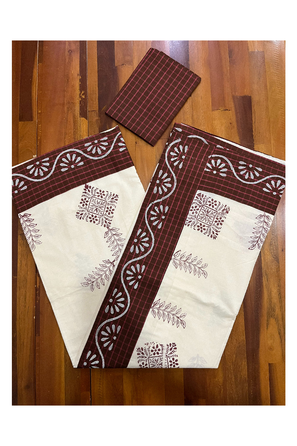 Pure Cotton Onam 2023 Kerala Saree with Hand Block Maroon Batik Prints