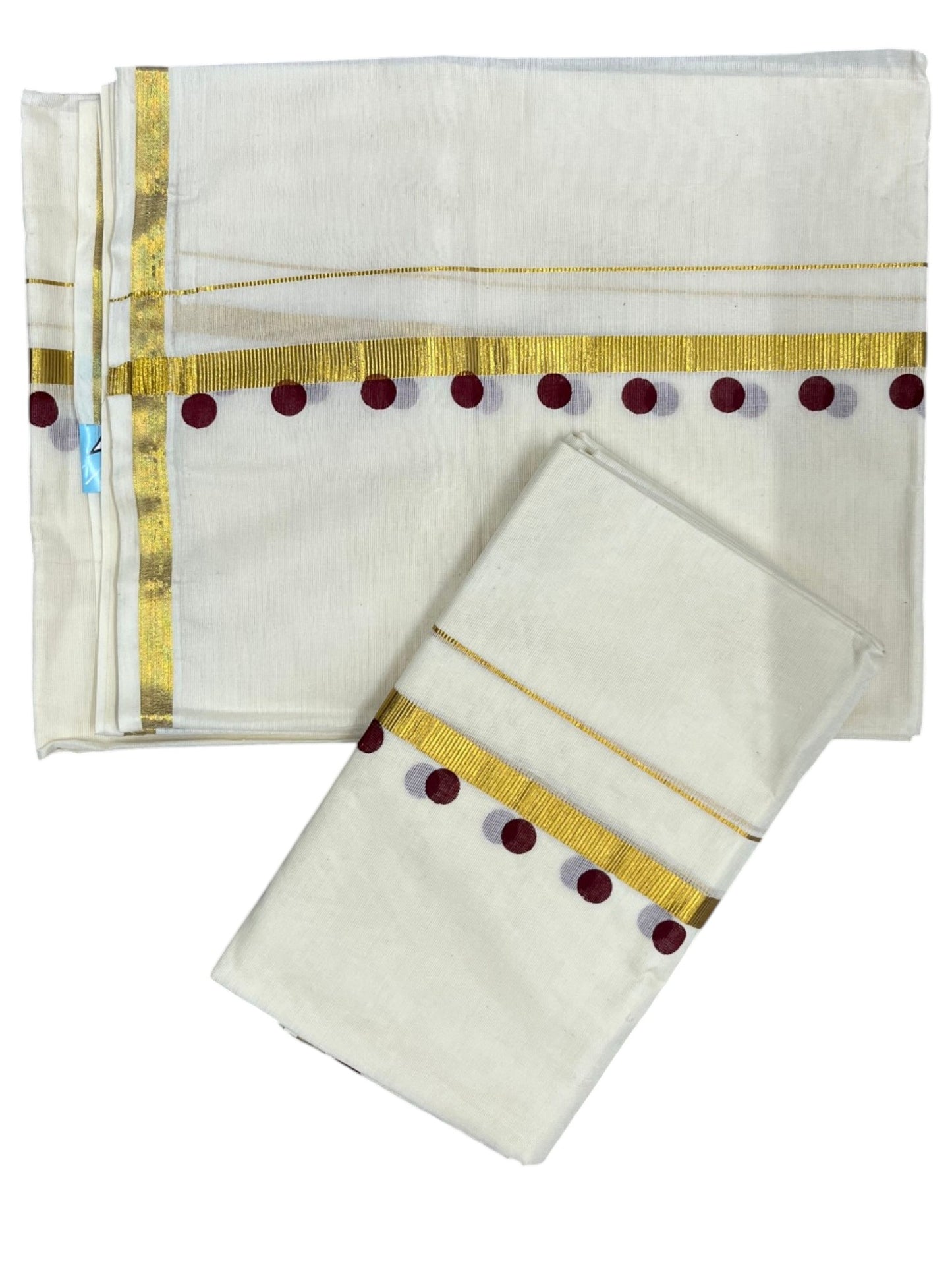 Southloom Pure Cotton Kerala Single Set Mundu (Mundum Neriyathum) with Polka Dots in Maroon 2.80 Mtrs