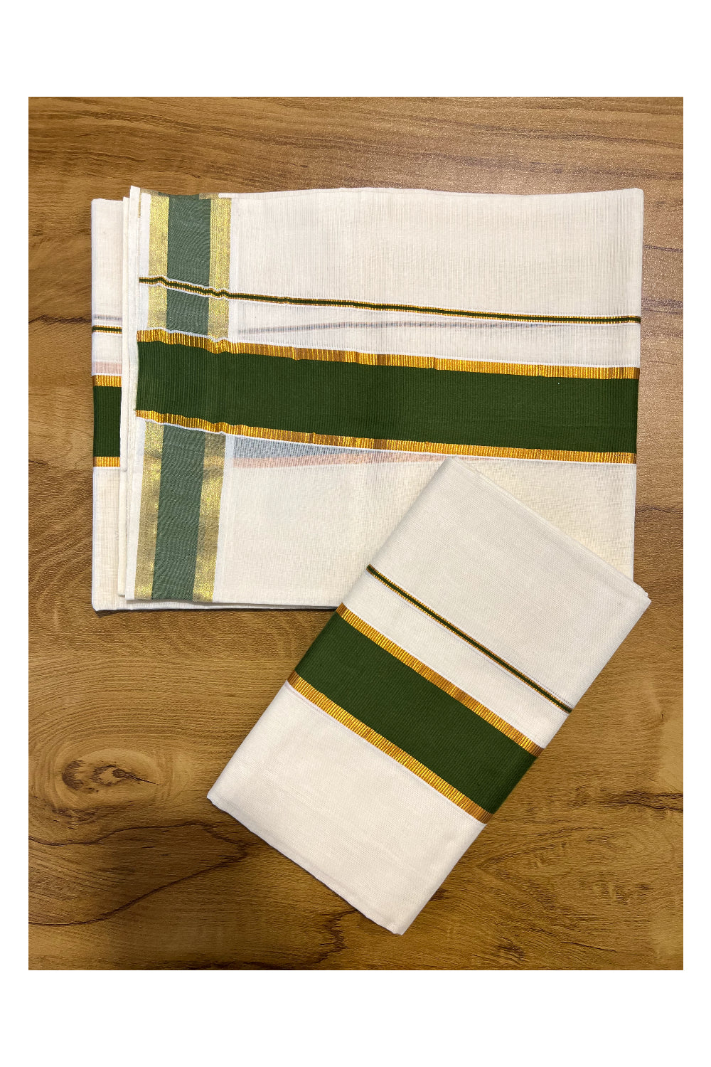 Kerala Cotton Set Mundu (Mundum Neriyathum) with Kasavu and Olive Green Border