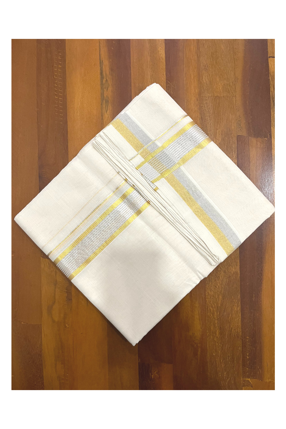 Southloom Premium Balaramapuram Wedding Handloom Mundu with Golden and Silver Kasavu Border (South Indian Kerala Dhoti)