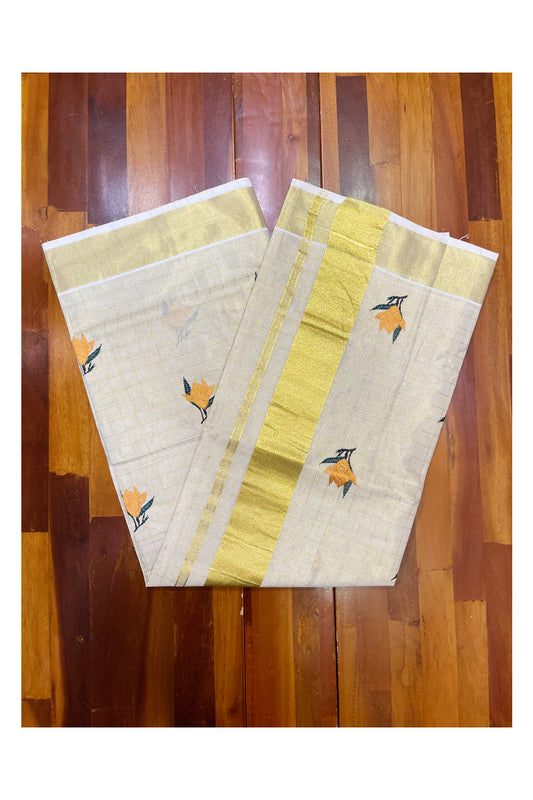 Southloom Kerala Tissue Kasavu Check Saree with Yellow Floral Embroidery Works on Body