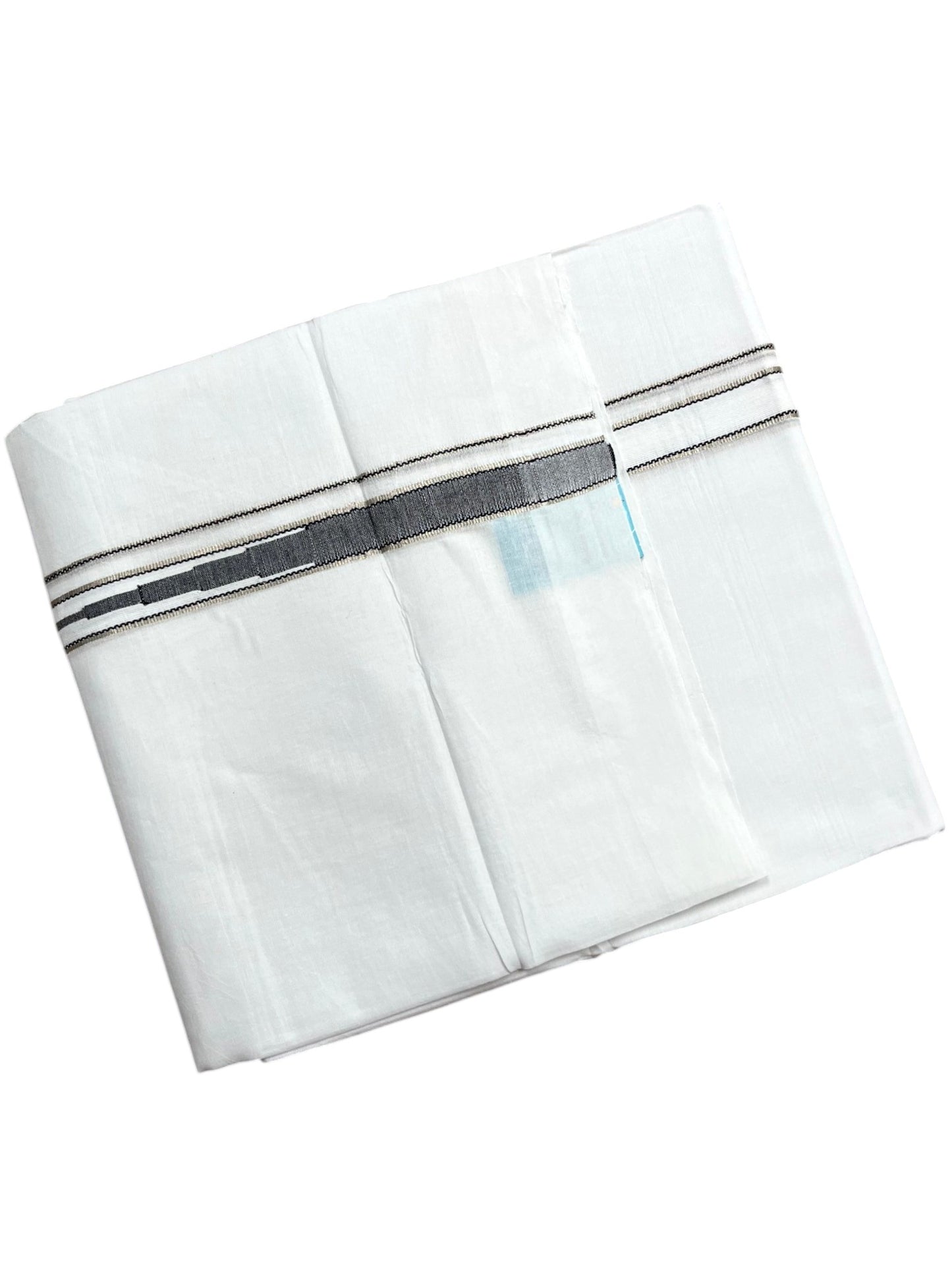 Southloom Pure White Cotton Double Mundu with Silver and Black Chutti Kara (South Indian Dhoti)