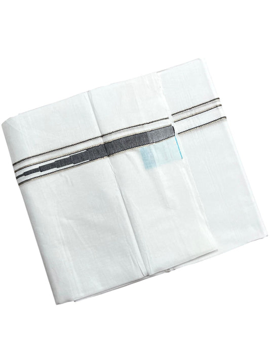 Southloom Pure White Cotton Double Mundu with Silver and Black Chutti Kara (South Indian Dhoti)
