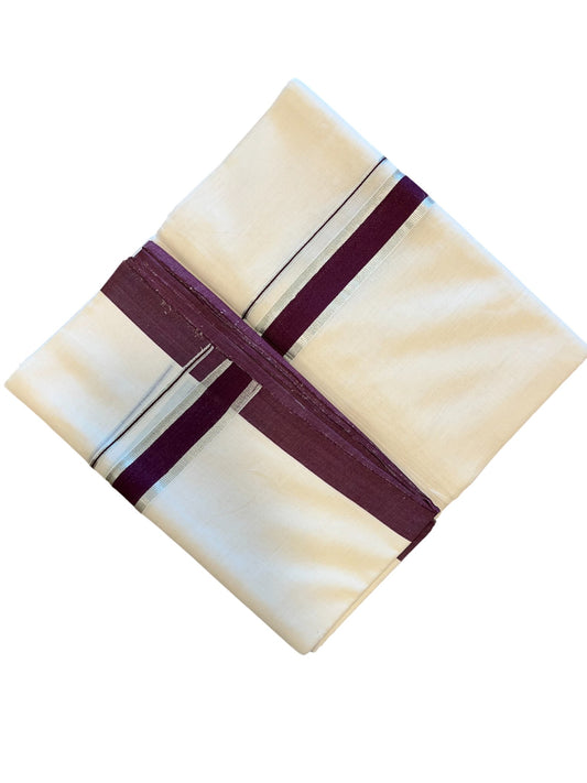 Southloom Premium Handloom Cotton Double Mundu with Silver and Purple Border