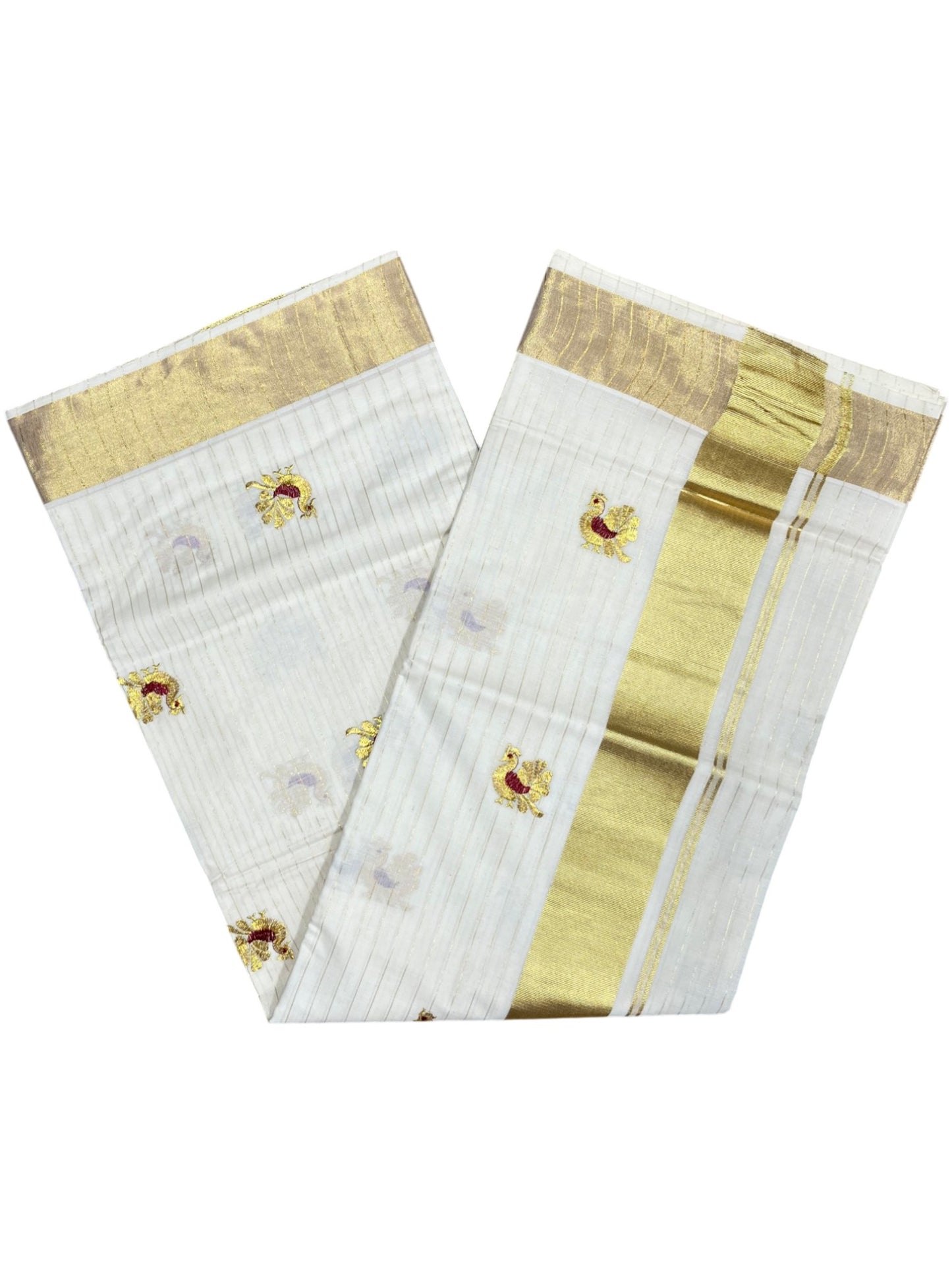 Southloom Cotton Kerala Kasavu Lines Saree with Peacock Embroidery Work on Body in Maroon