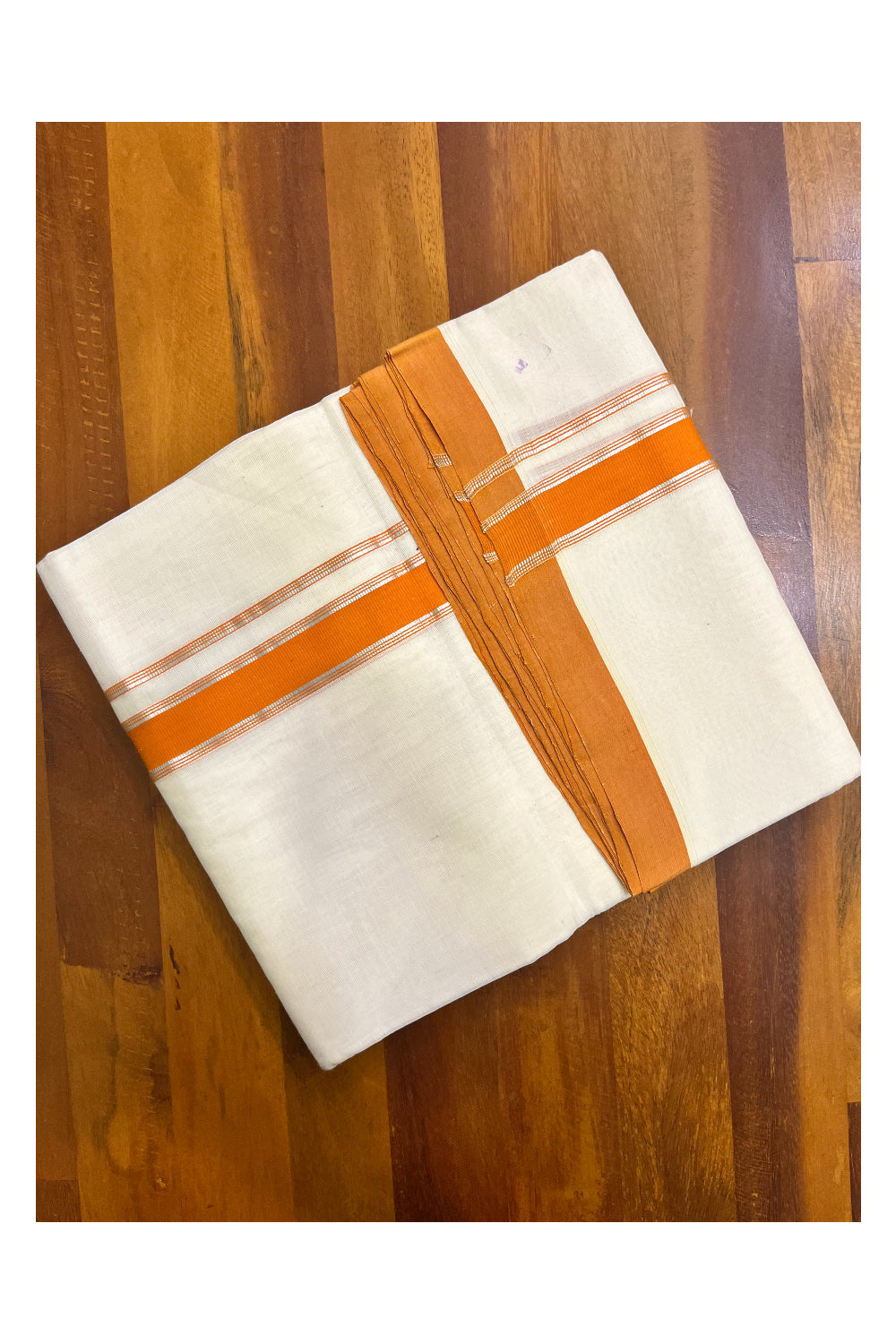 Premium Balaramapuram Handloom Unakkupaavu Cotton Double Mundu with Orange and Silver Kasavu Border (Onam 2024 Collection)