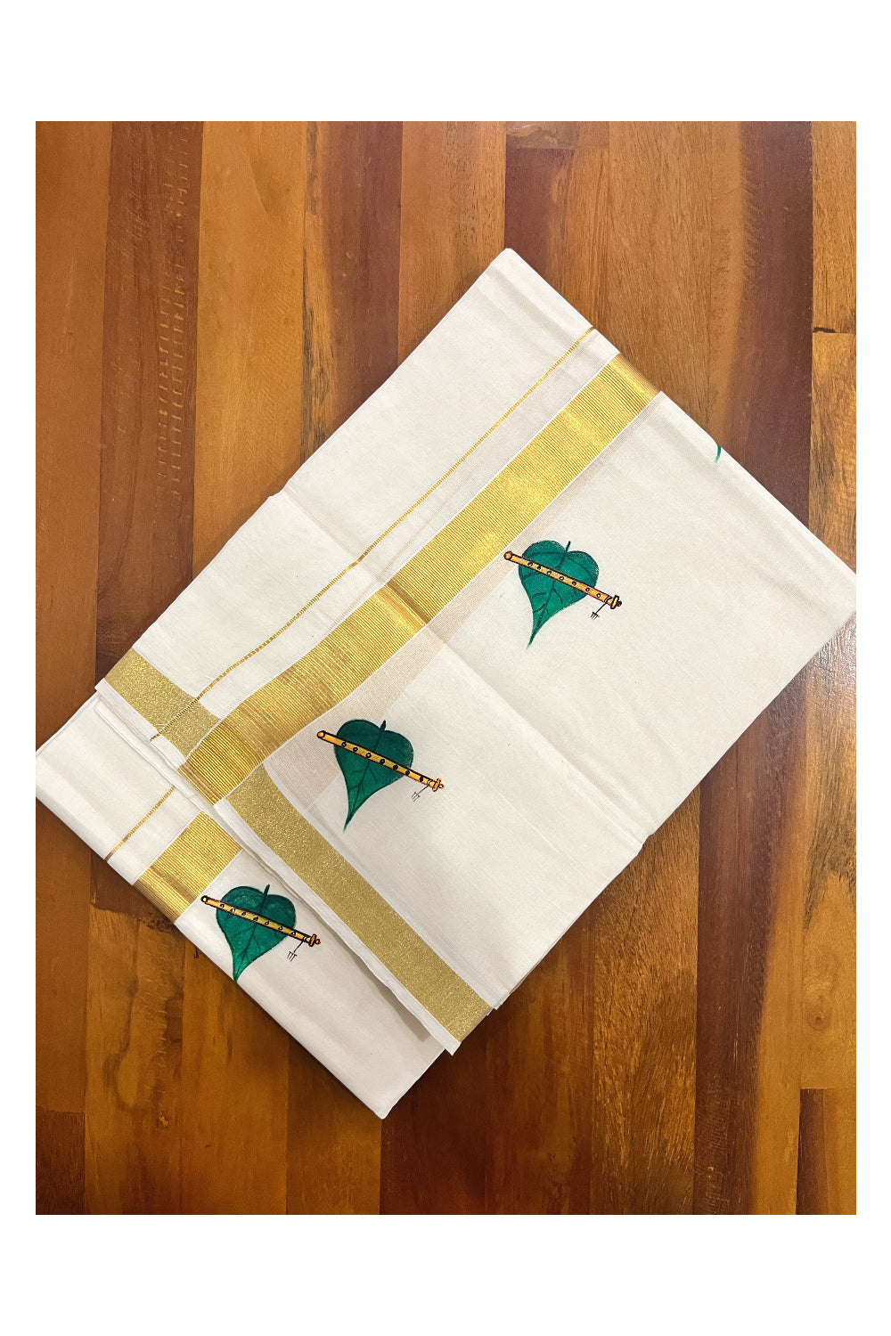 Kerala Pure Cotton Double Mundu with Leaf and Flute Mural Painted Design on Kasavu Border (South Indian Kerala Dhoti)