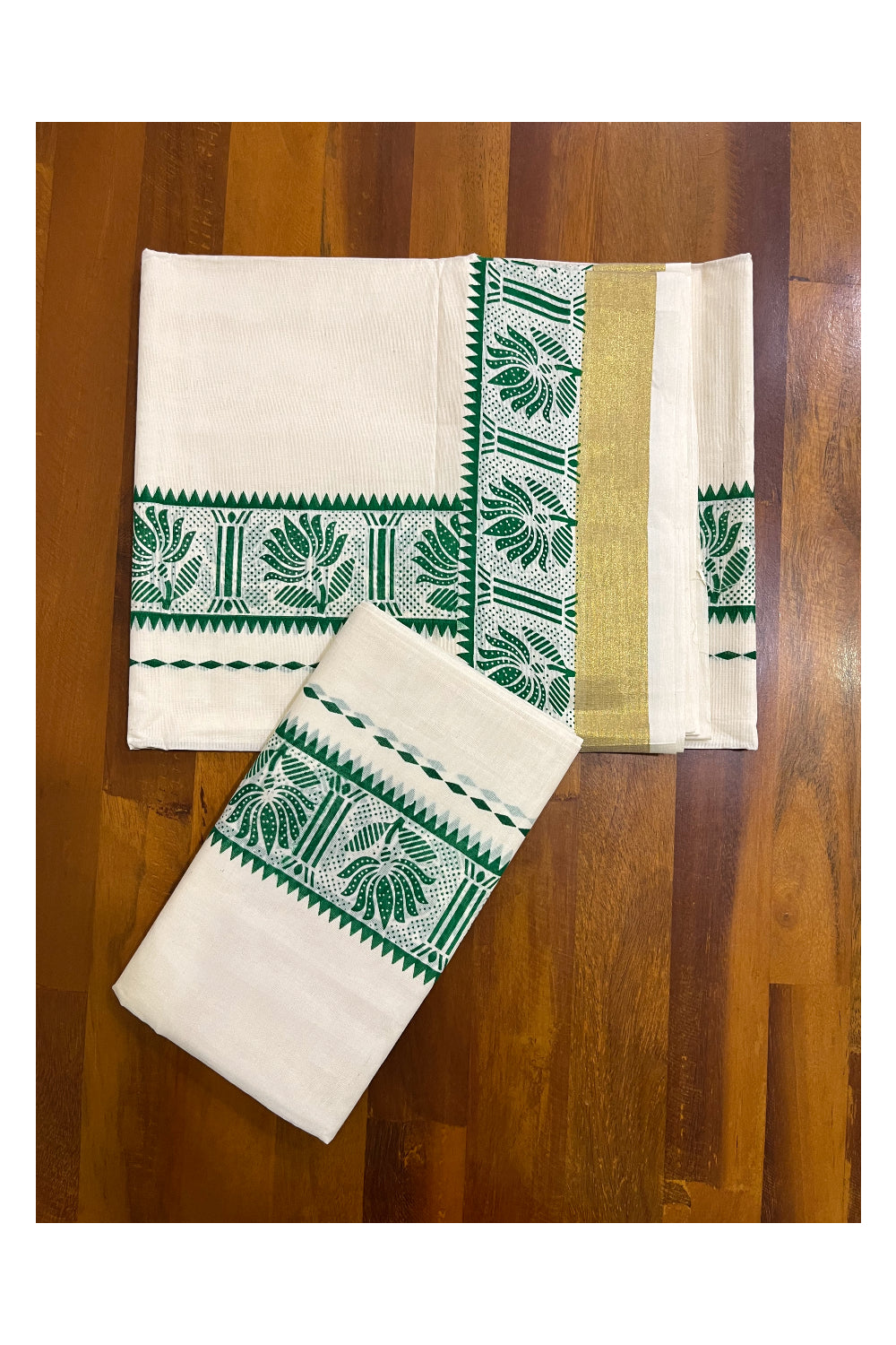 Kerala Cotton Single Set Mundu (Mundum Neriyathum) with Green Block Prints and Kasavu Border - 2.80Mtrs