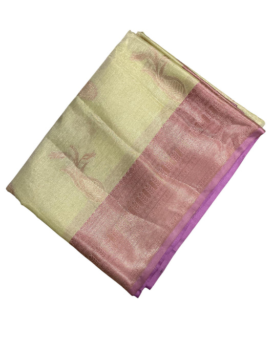 Southloom Tissue Silk Saree with Woven Work on Body and Borders (Pink & Green)