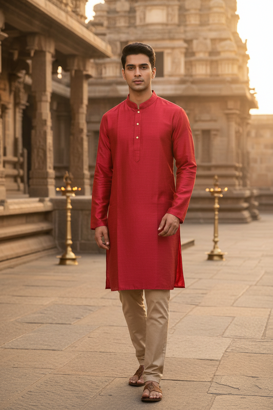 Southloom Semi Silk Short Kurta for Men in Magenta Colour