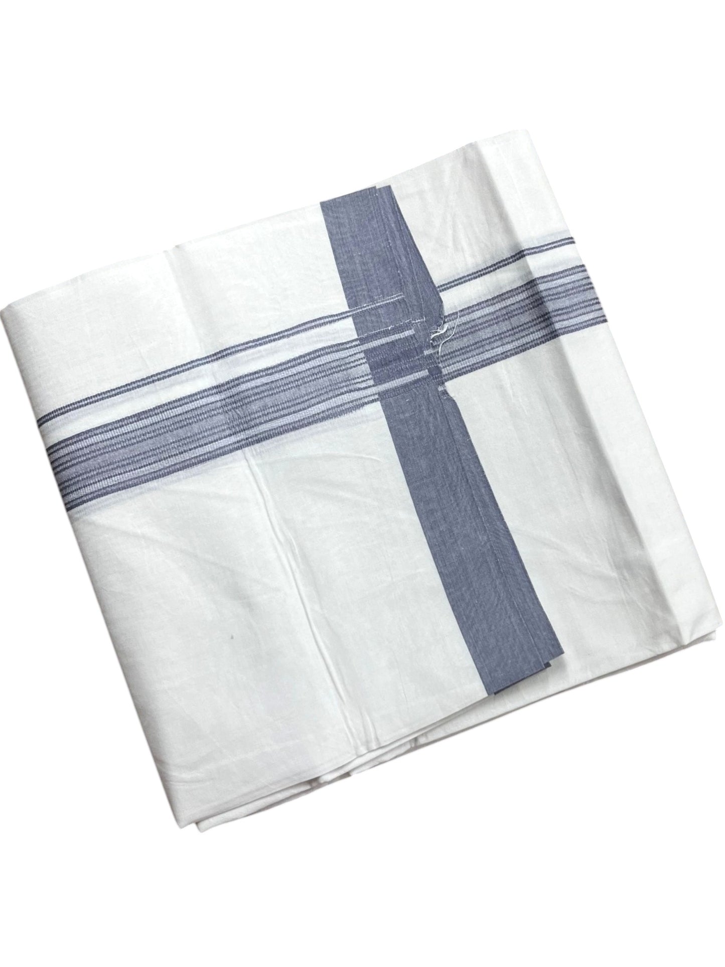 Southloom Pure White Cotton Mundu with Gray Lines Border (South Indian Kerala Dhoti)