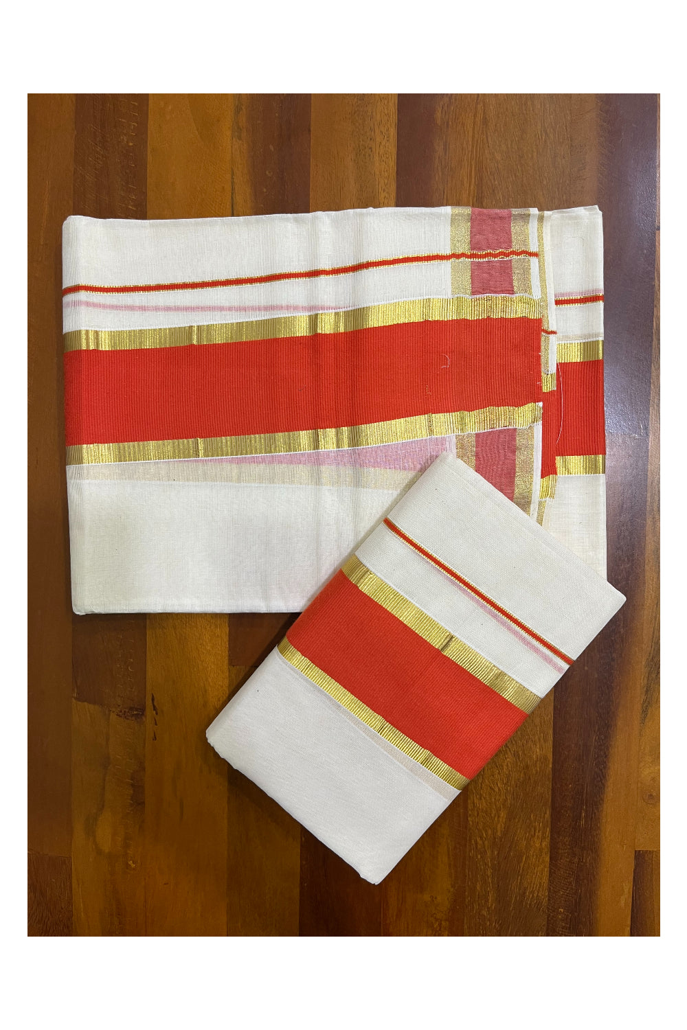 Kerala Cotton Set Mundu (Mundum Neriyathum) with Orange and Kasavu Border 2.80 Mtrs