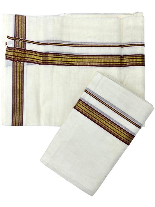 Southloom Pure Cotton Kerala Single Set Mundu (Mundum Neriyathum) with Maroon Kasavu Border in 2.80 Mtrs