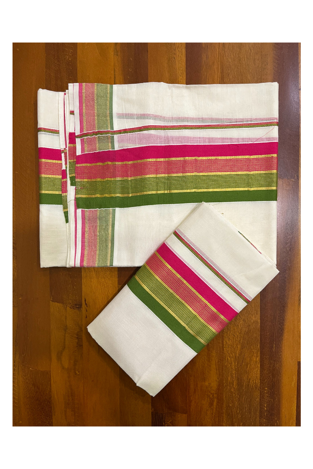 Kerala Cotton Kasavu Set Mundu (Mundum Neriyathum) with Pink Olive Green Border 2.80 Mtrs