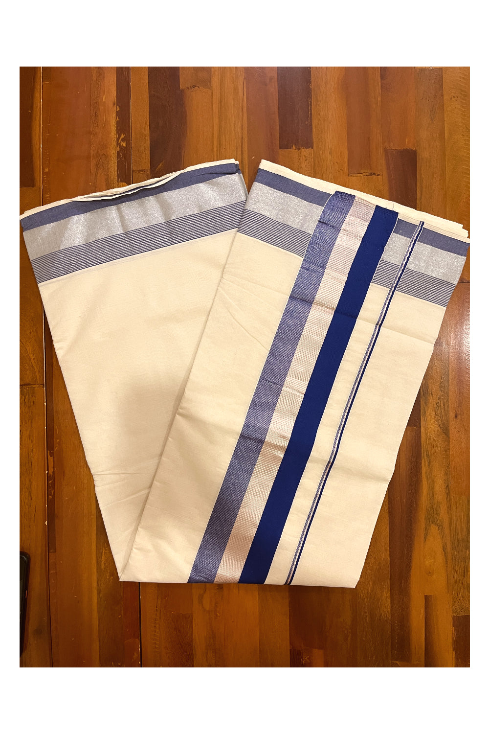 Kerala Pure Cotton Plain Saree with Silver Kasavu and Blue Border