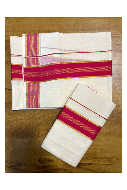 Kerala Cotton Mundum Neriyathum Single (Set Mundu) with Dark Pink and Kasavu Border