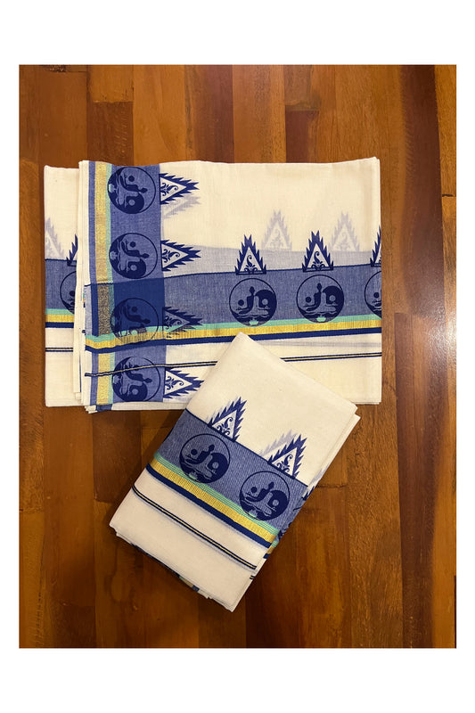 Kerala Cotton Kasavu Mundum Neriyathum Single (Set Mundu) with Blue Block Printed Border