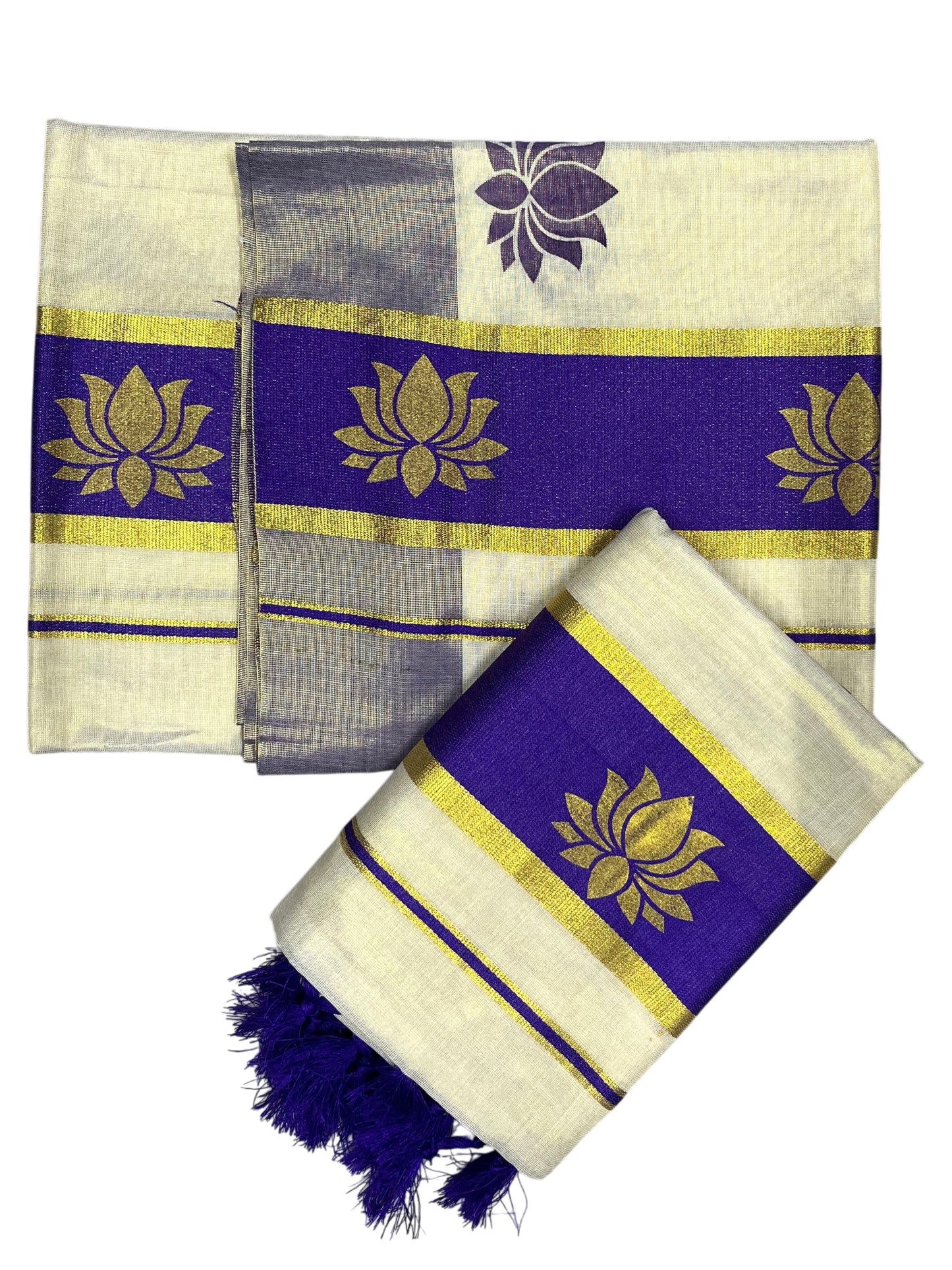 Southloom Kerala Cotton Kasavu Single Set Mundu (Mundum Neriyathum) with Lotus Design in Violet