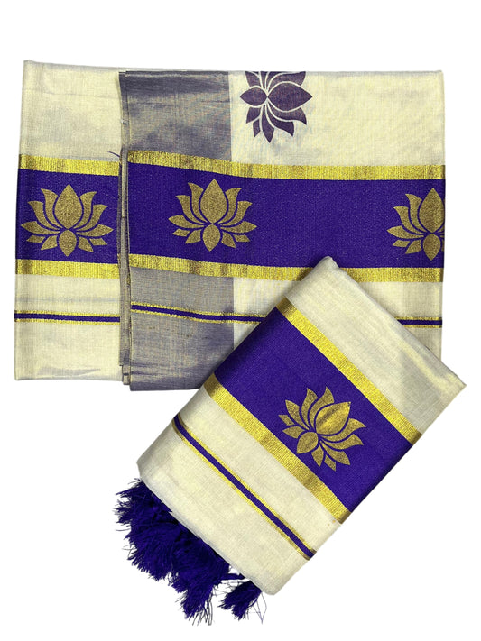 Southloom Kerala Cotton Kasavu Single Set Mundu (Mundum Neriyathum) with Lotus Design in Violet SL546