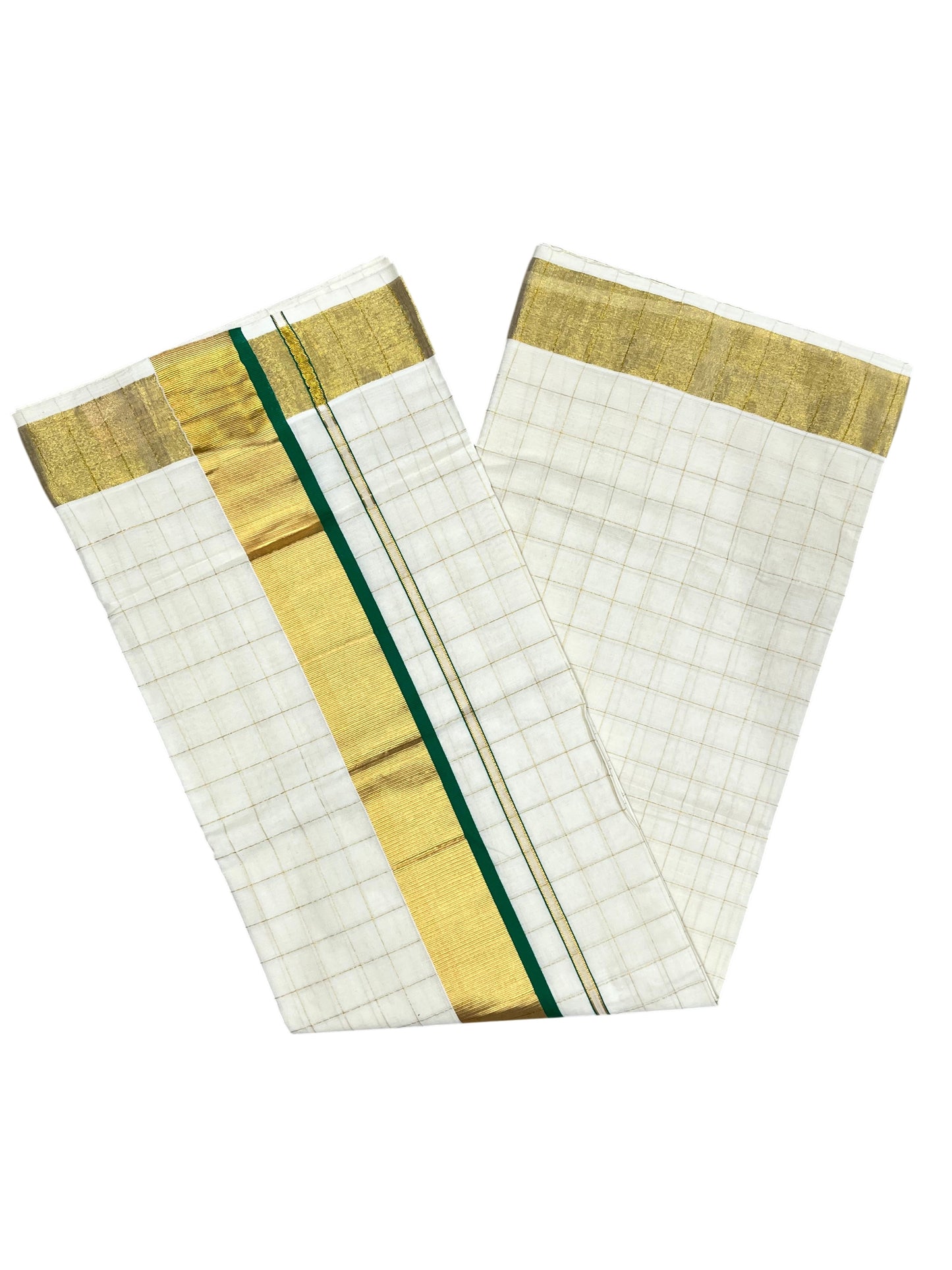 Southloom Pure Cotton  Kerala  Kasavu Woven Check Saree with Green Border