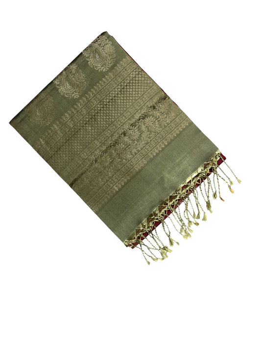 Southloom Pure Handloom Kanchipuram Silk Saree with Butta Work (Green & Maroon)