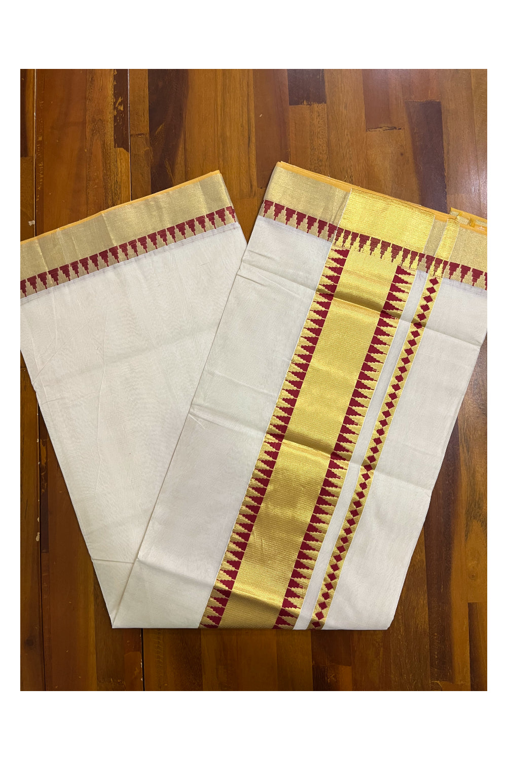 Southloom Super Premium Balaramapuram Unakkupaavu Handloom Maroon and Kasavu Saree with Temple Border