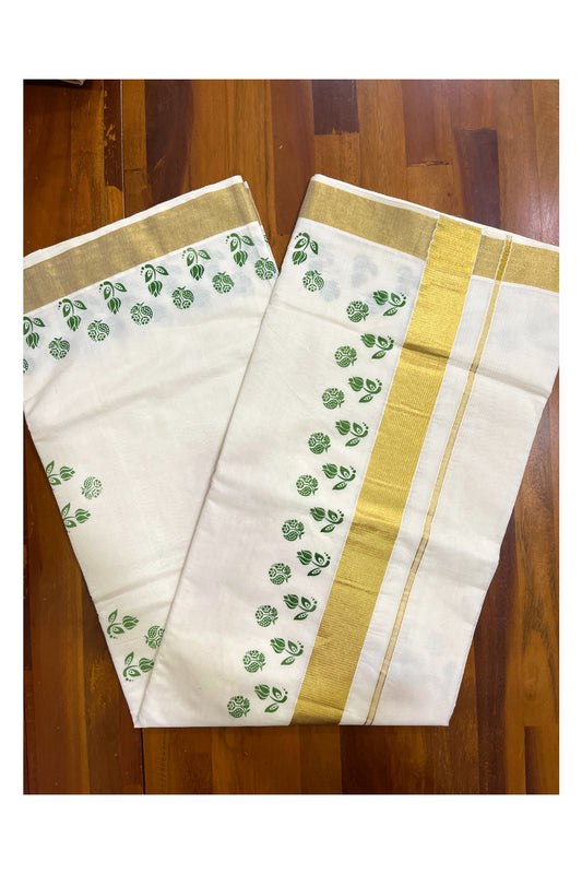 Pure Cotton Kerala Kasavu Saree with Light Green Block Prints and Kasavu Border