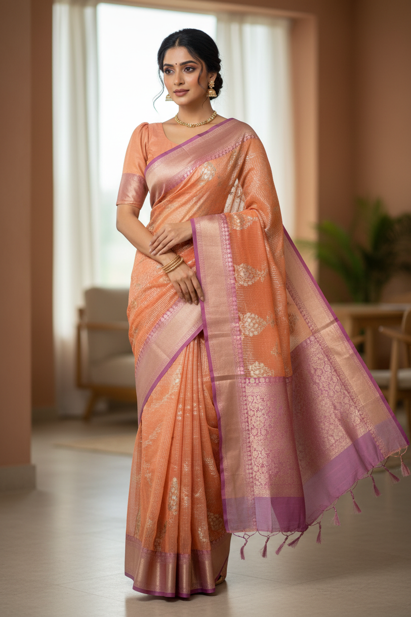 Southloom Tissue Banarasi Silk Saree with Woven Work on Body and Borders (Peach)