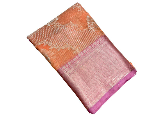 Southloom Tissue Banarasi Silk Saree with Woven Work on Body and Borders (Peach)