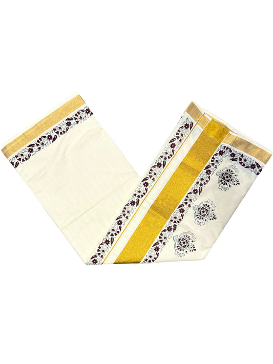 Southloom Cotton Kerala Kasavu Saree with Brown Block Prints On Border