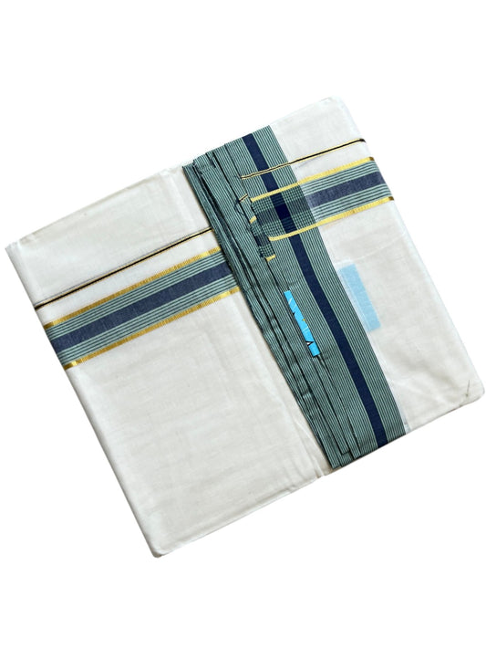 Southloom Pure Cotton Mundu with Golden Lines and Blue & Green Border (South Indian Kerala Dhoti)