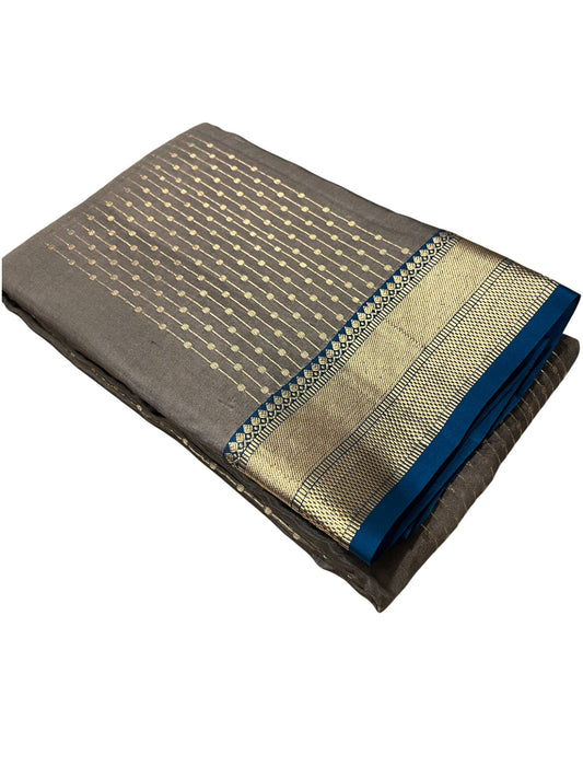 Southloom Pure Handloom Kanchipuram Silk Saree with Korvai Work (Grey & Blue)