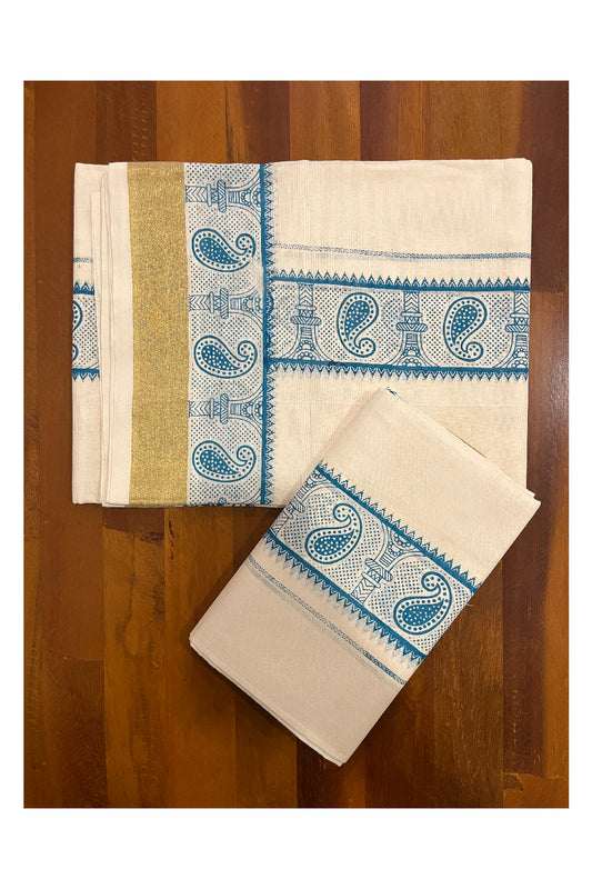 Cotton Kerala Single Set Mundu with Blue Paisley Block Prints on Border