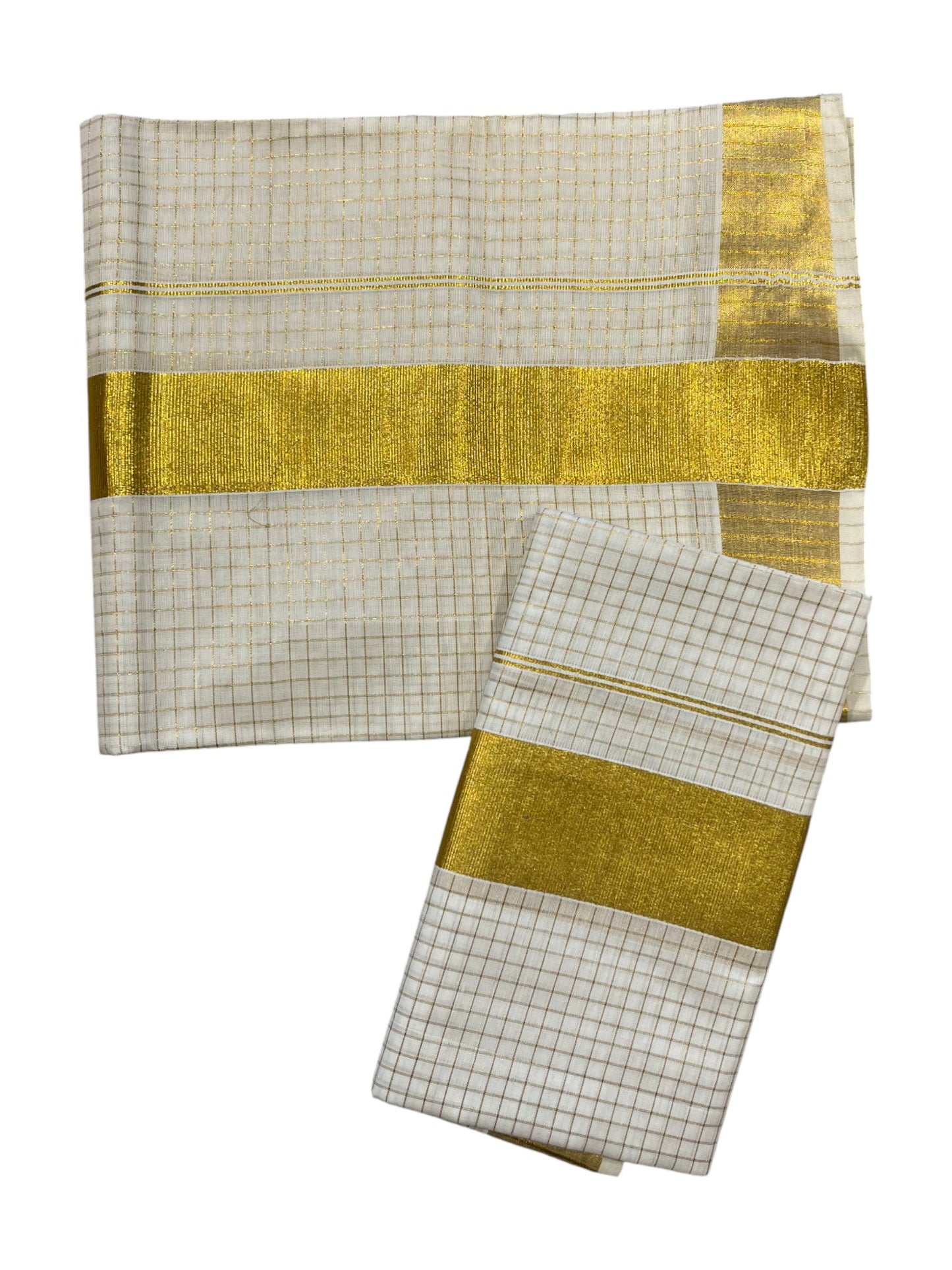 Southloom Pure Cotton Mundum Neriyathum (Set Mundu) with Gold Kasavu Micro Check Acorss Body