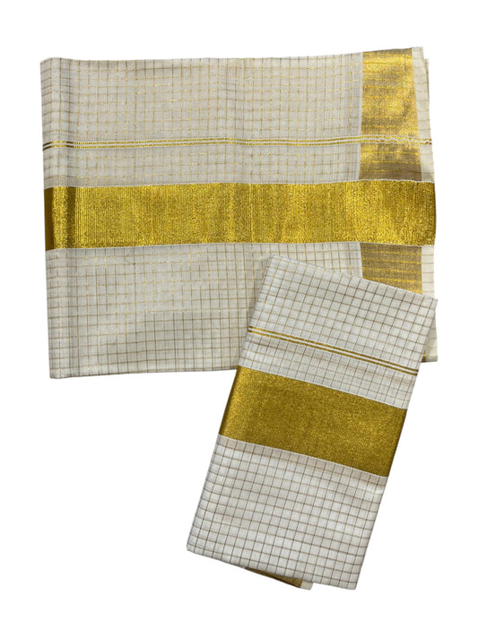 Southloom Pure Cotton Mundum Neriyathum (Set Mundu) with Gold Kasavu Micro Check Acorss Body