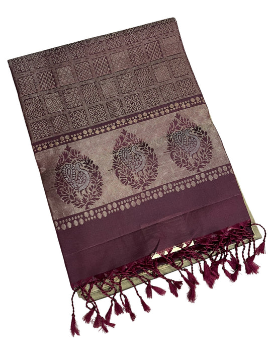 Southloom Pure Handloom Bridal Kanchipuram Silk Saree with Korvai Work (Purple & Green)