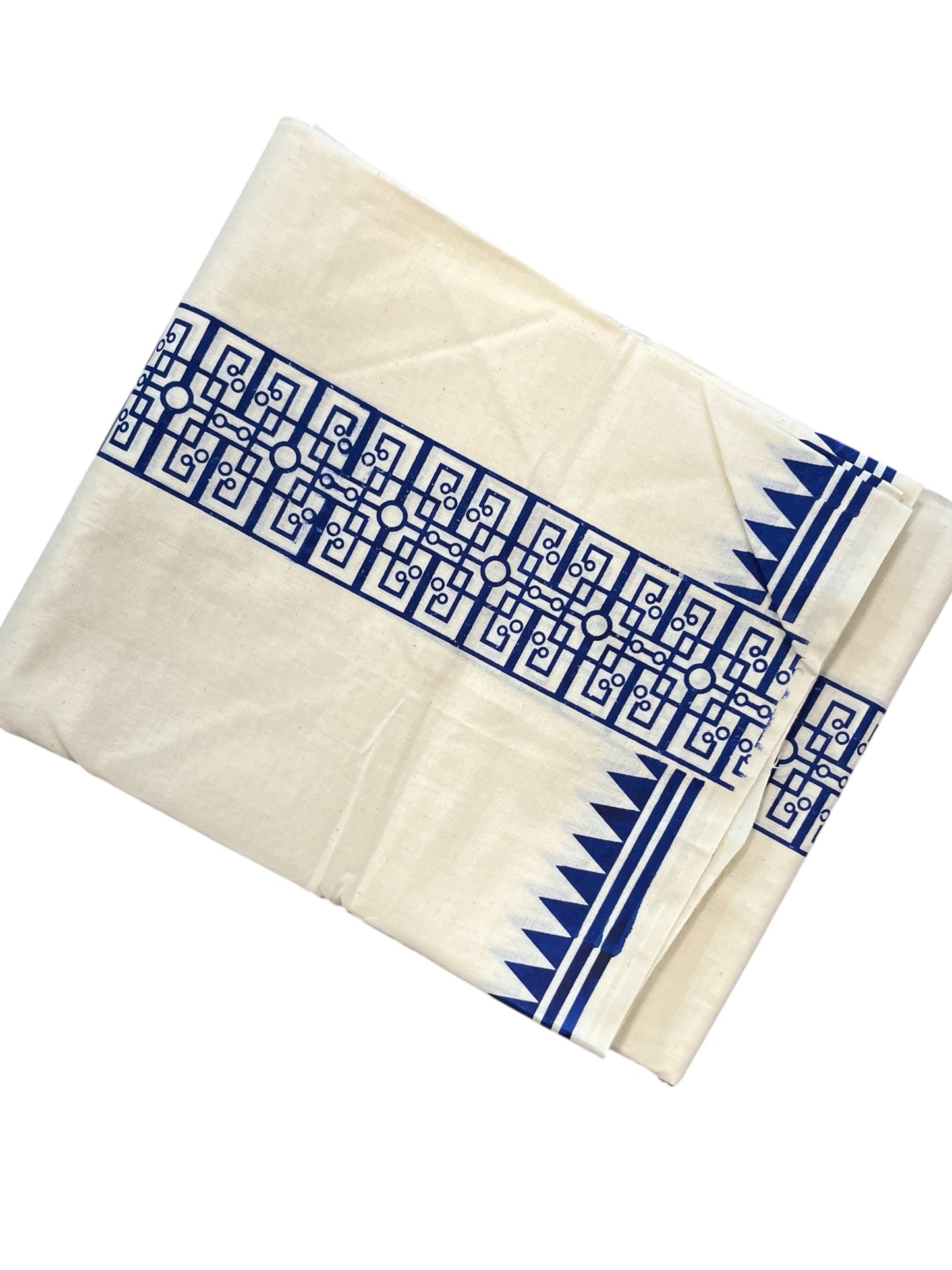 Southloom Pure Cotton Double Mundu with Block Prints on Blue Kara (South Indian Kerala Dhoti)