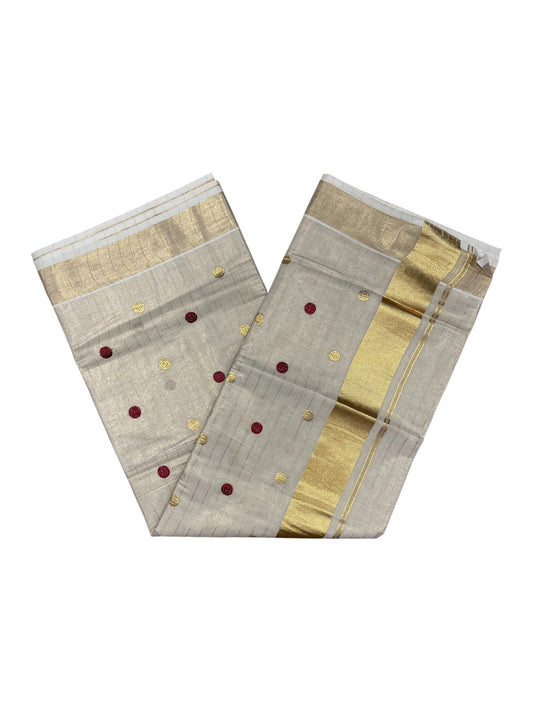 Southloom Kerala Tissue Kasavu Saree with Gold& Maroon Polka Embroidery Works on Body