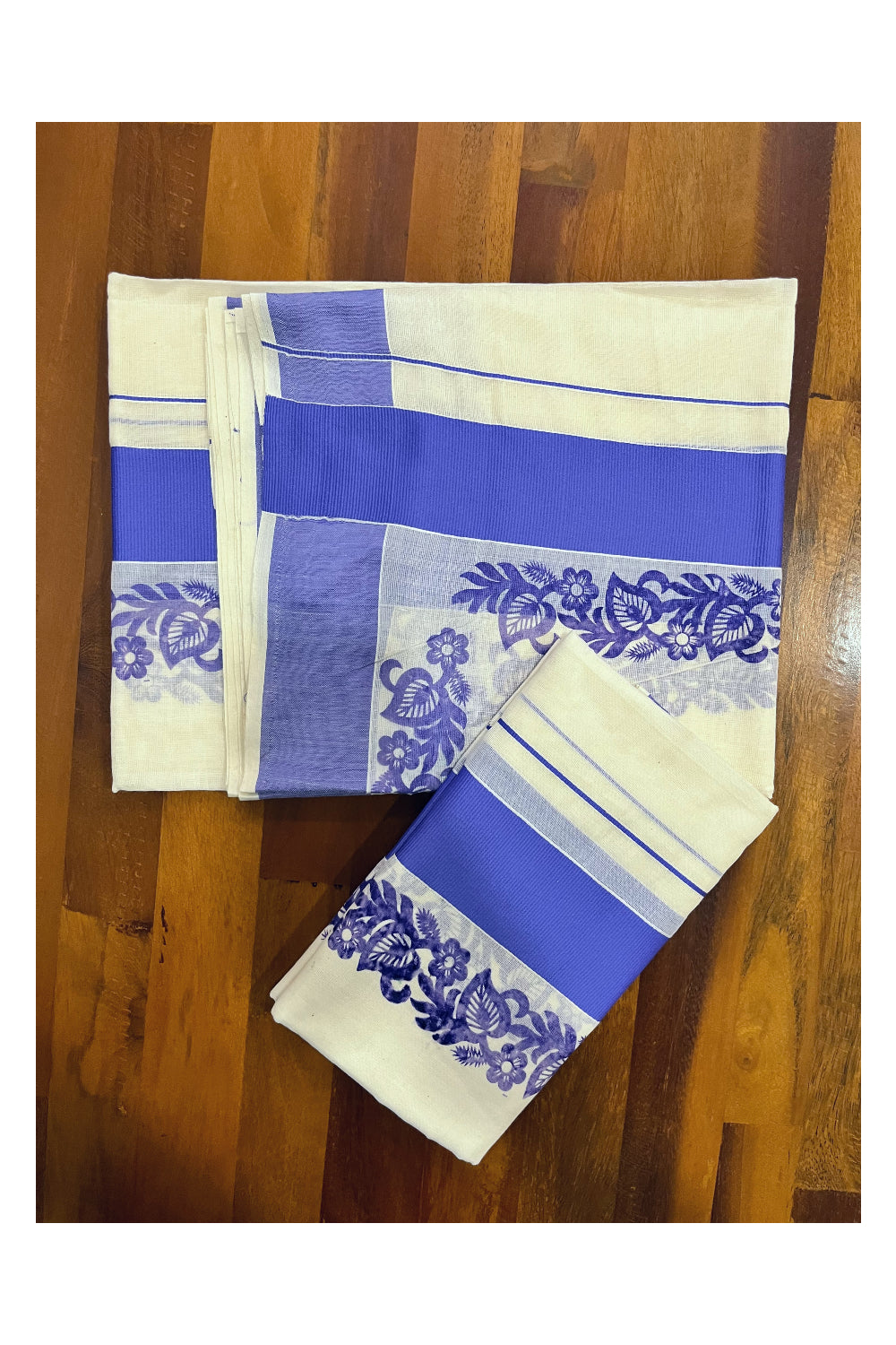 Kerala Pure Cotton Set Mundu Single (Mundum Neriyathum) with Light Violet Floral Block Prints