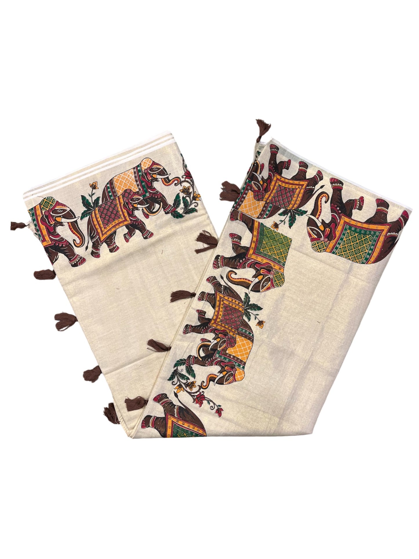 Southloom Kerala Tissue Kasavu Saree With Elephant Design on Borders