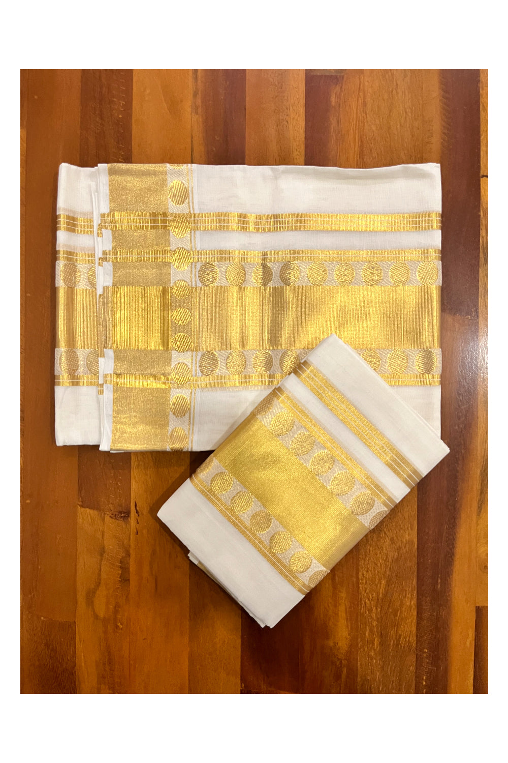 Southloom Handloom Premium Pure Cotton Kasavu Set Mundu (Mundum Neriyathum) with Polka Woven Designs on Border