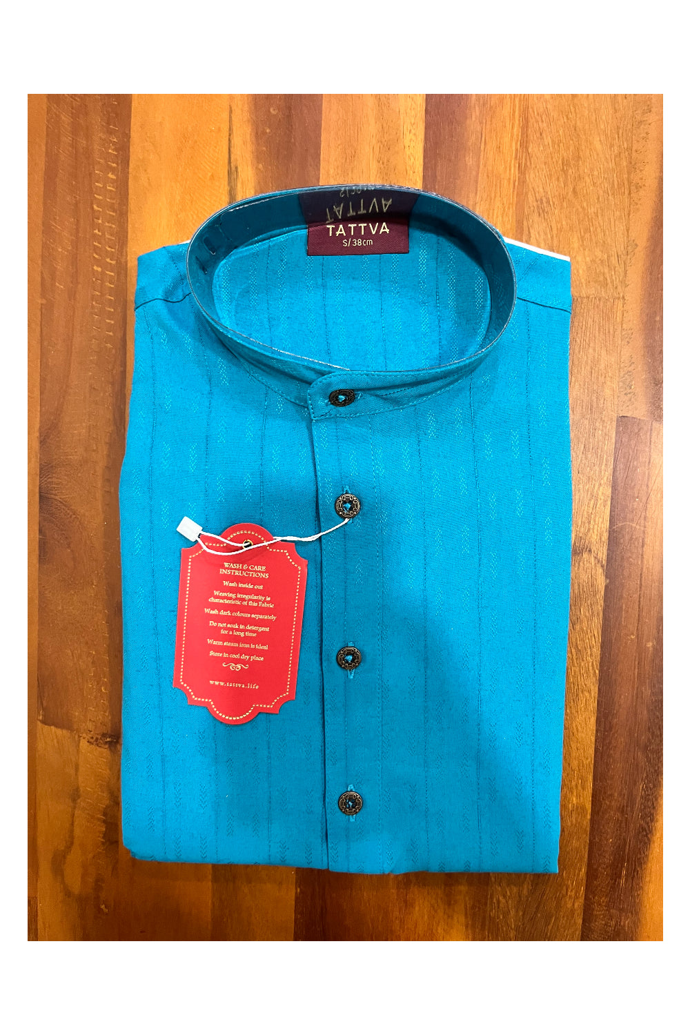 Southloom Blue Woven Works Semi Silk Short Kurta for Men