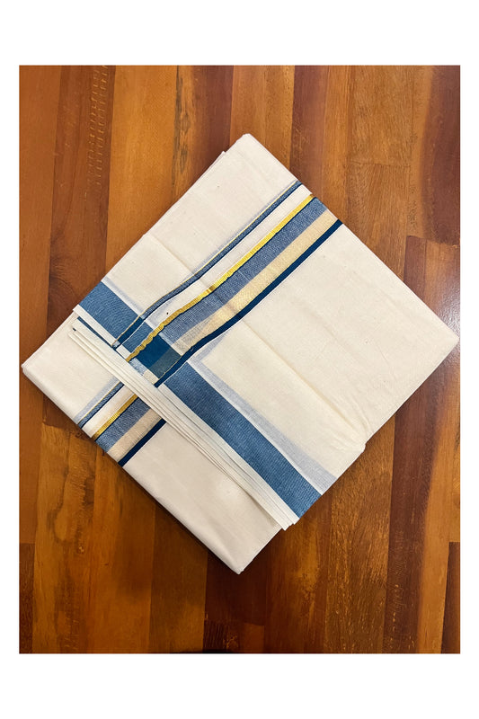 Kerala Pure Cotton Double Mundu with Blue and Kasavu Border (South Indian Kerala Dhoti)